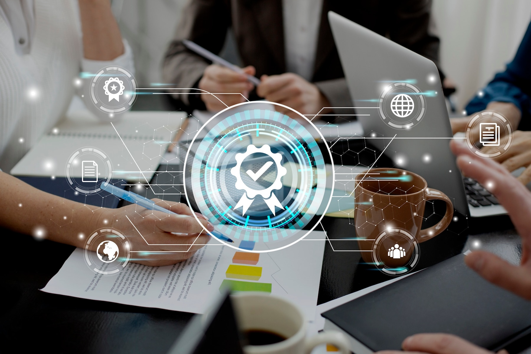 People at a table, working on documents, with digital quality assurance icons overlaid.