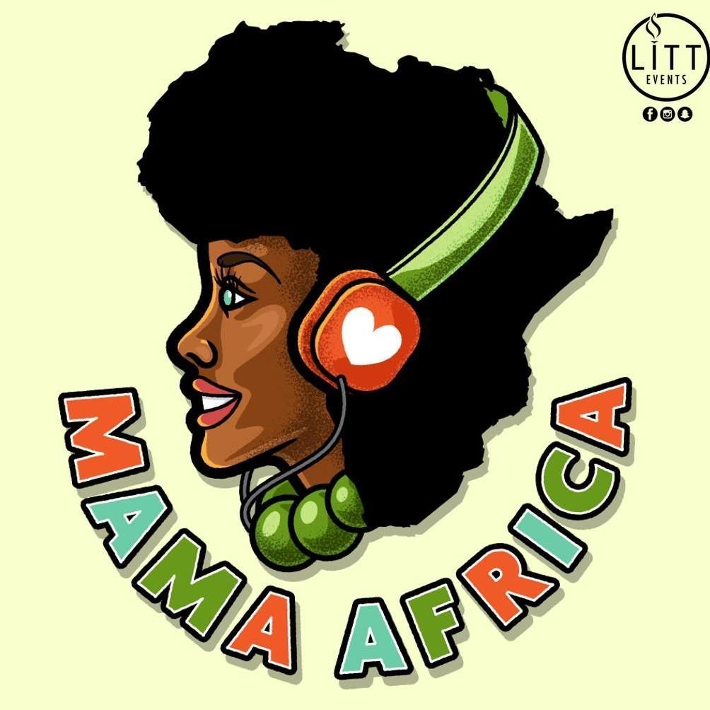 Cartoon van een persoon met afro en koptelefoon, in de vorm van Afrika. De tekst luidt: 