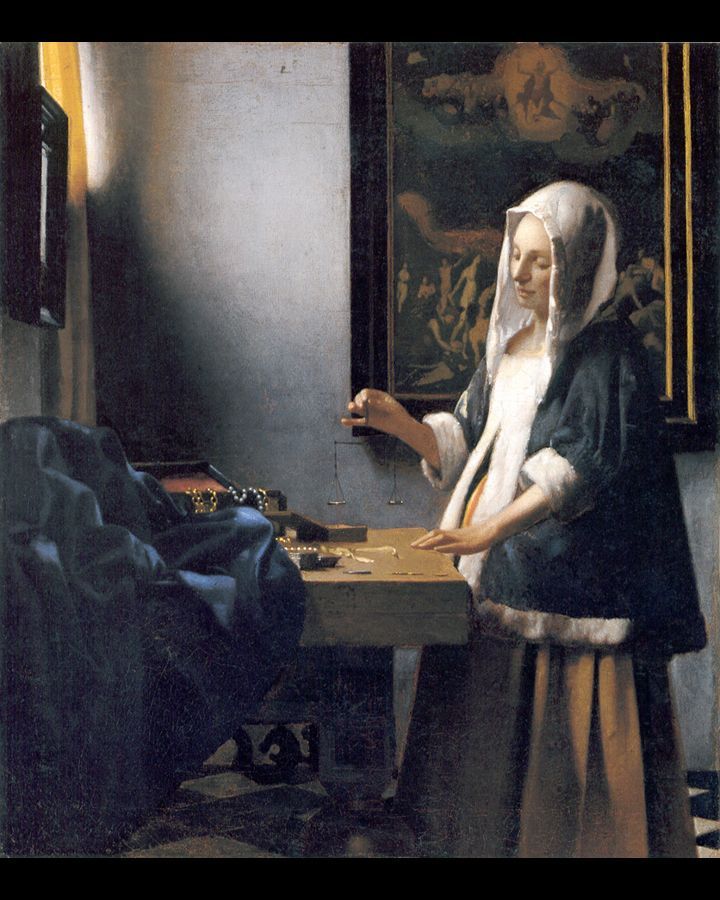 Een schilderij van een vrouw die naast een tafel staat