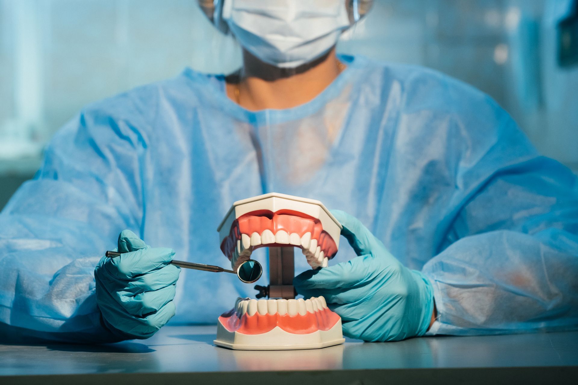 Dentist hands holding a model of teeth and a dental tool in a clinic setting