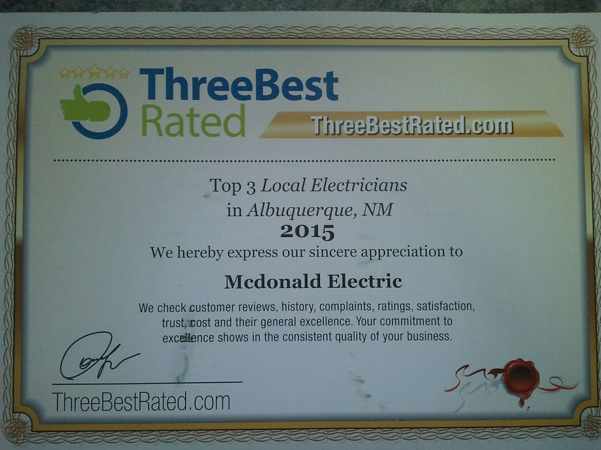ThreeBest Rated Award — Albuquerque, NM — McDonald Electric