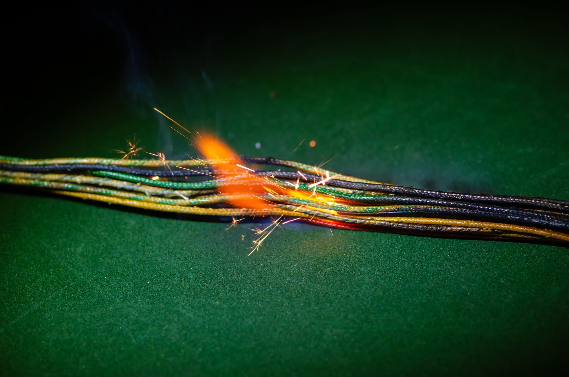 Bright spark on wires showcasing residential electrical malfunction repair risk.