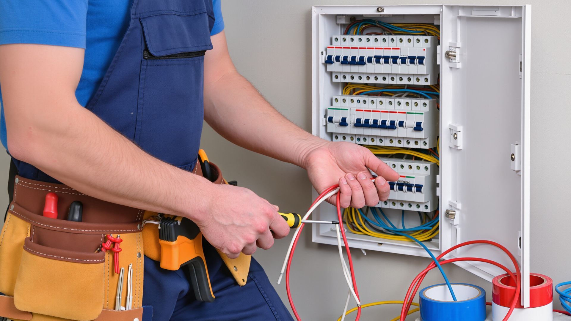 Electrician working on an open electrical panel with multiple circuit breakers and organized wiring Electrician working on an open electrical panel with multiple circuit breakers and organized wiring