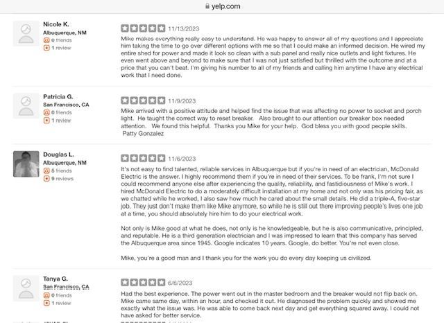 Yelp reviews for an electrical service, showing positive feedback with names and dates.