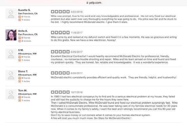 Yelp reviews for McDonald Electric: five customer reviews, with names, ratings, and descriptions of service.