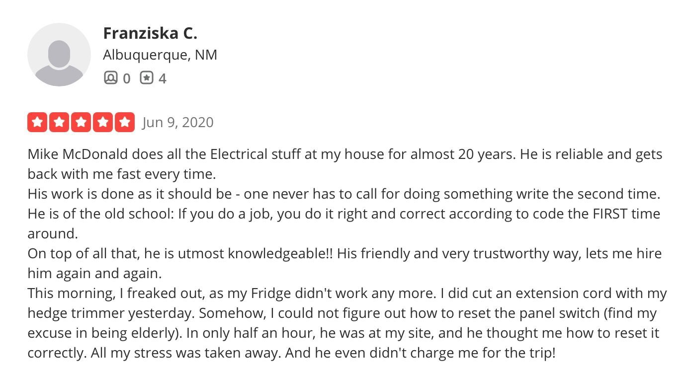 Customer review of Mike McDonald, an electrician, with a five-star rating.