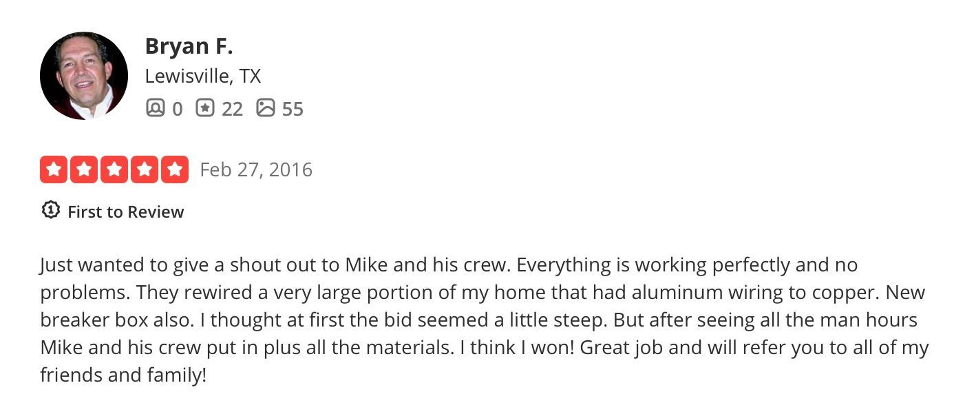 Customer review by Bryan F. with five stars, praising Mike and crew's work on a home repair.