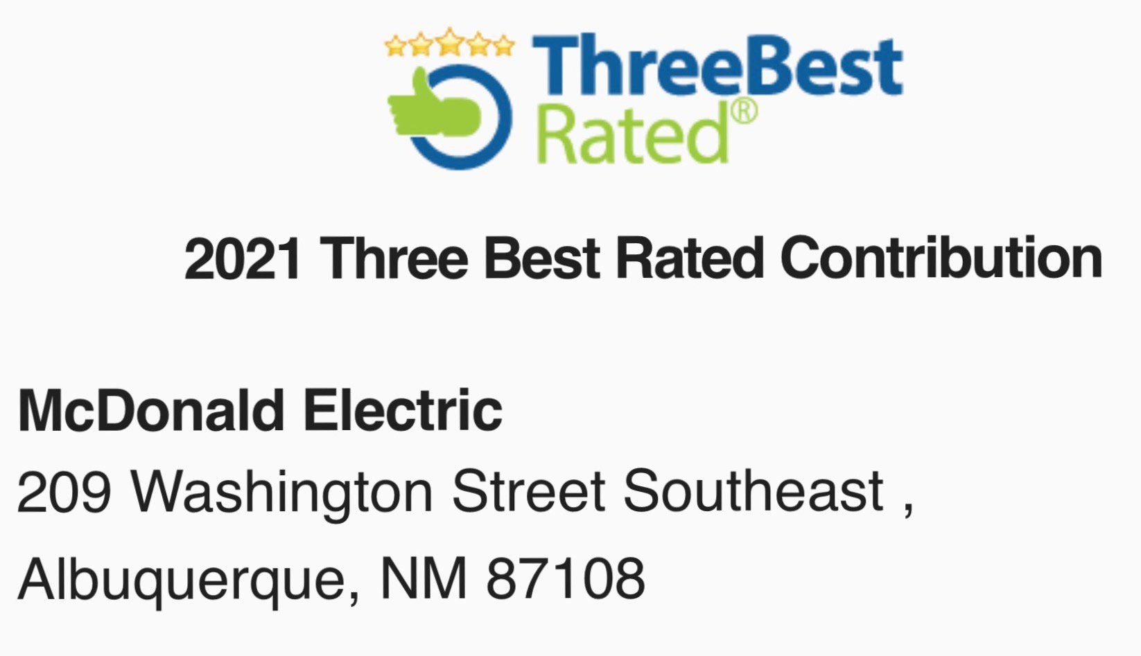 ThreeBestRated 2021 award logo for McDonald Electric in Albuquerque, NM.