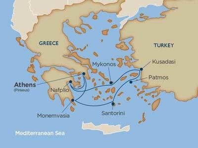 A map of greece and turkey showing the location of athens and santorini.