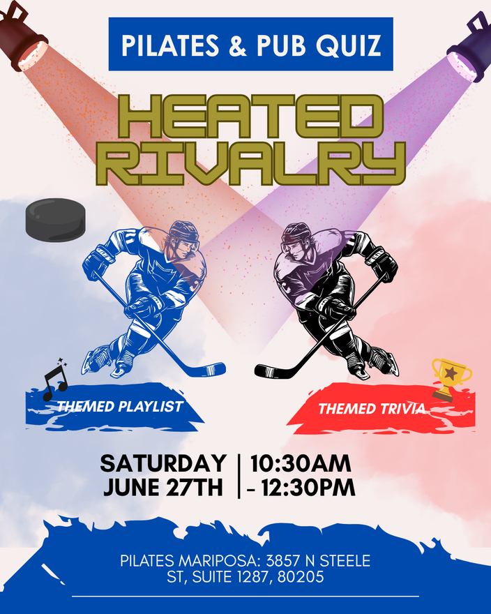 Digital flyer for Heated Rivalry Pilates & trivia event at Pilates studio near RiNo, Denver