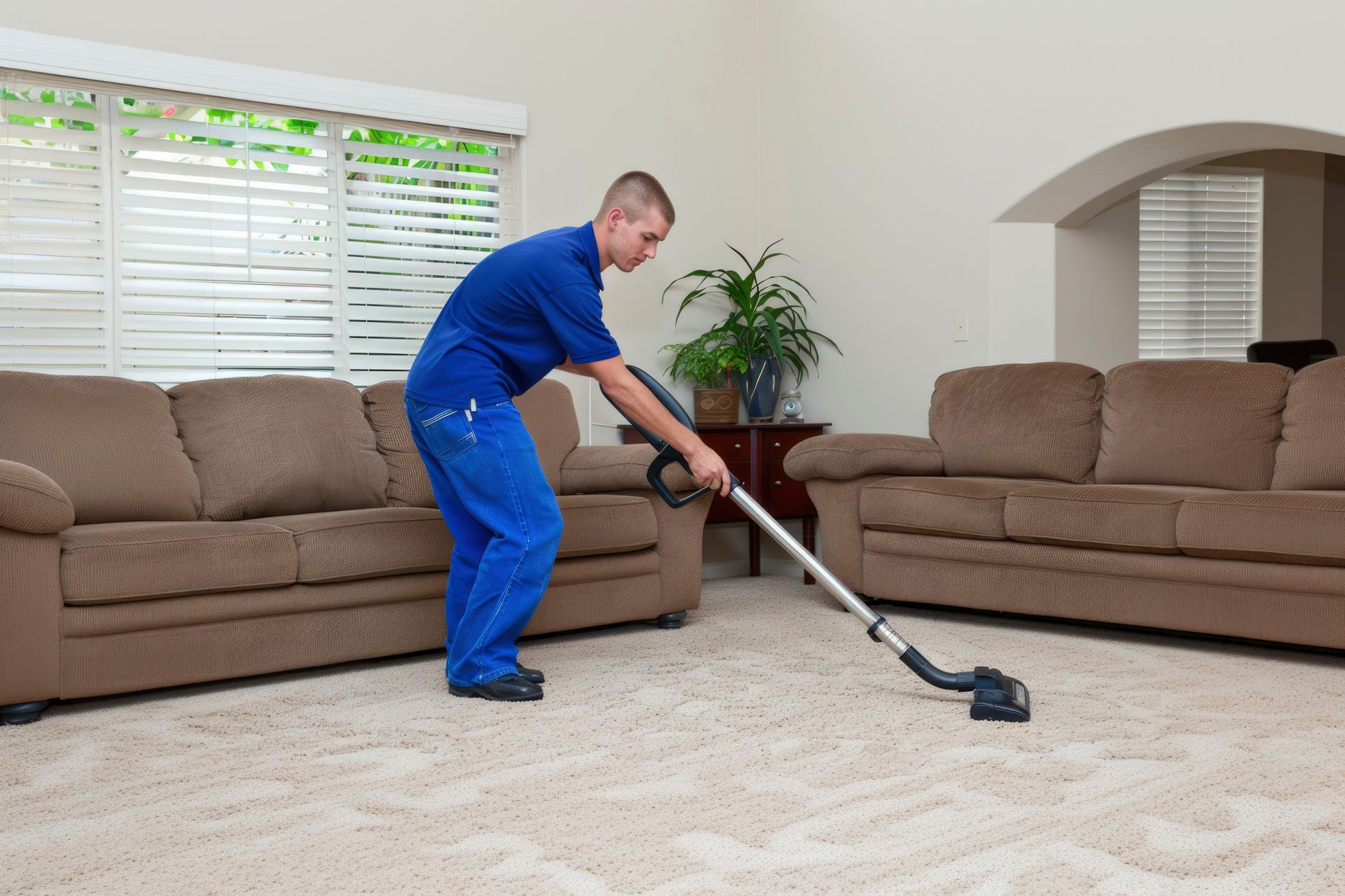 A man is vacuuming the carpet in a living room