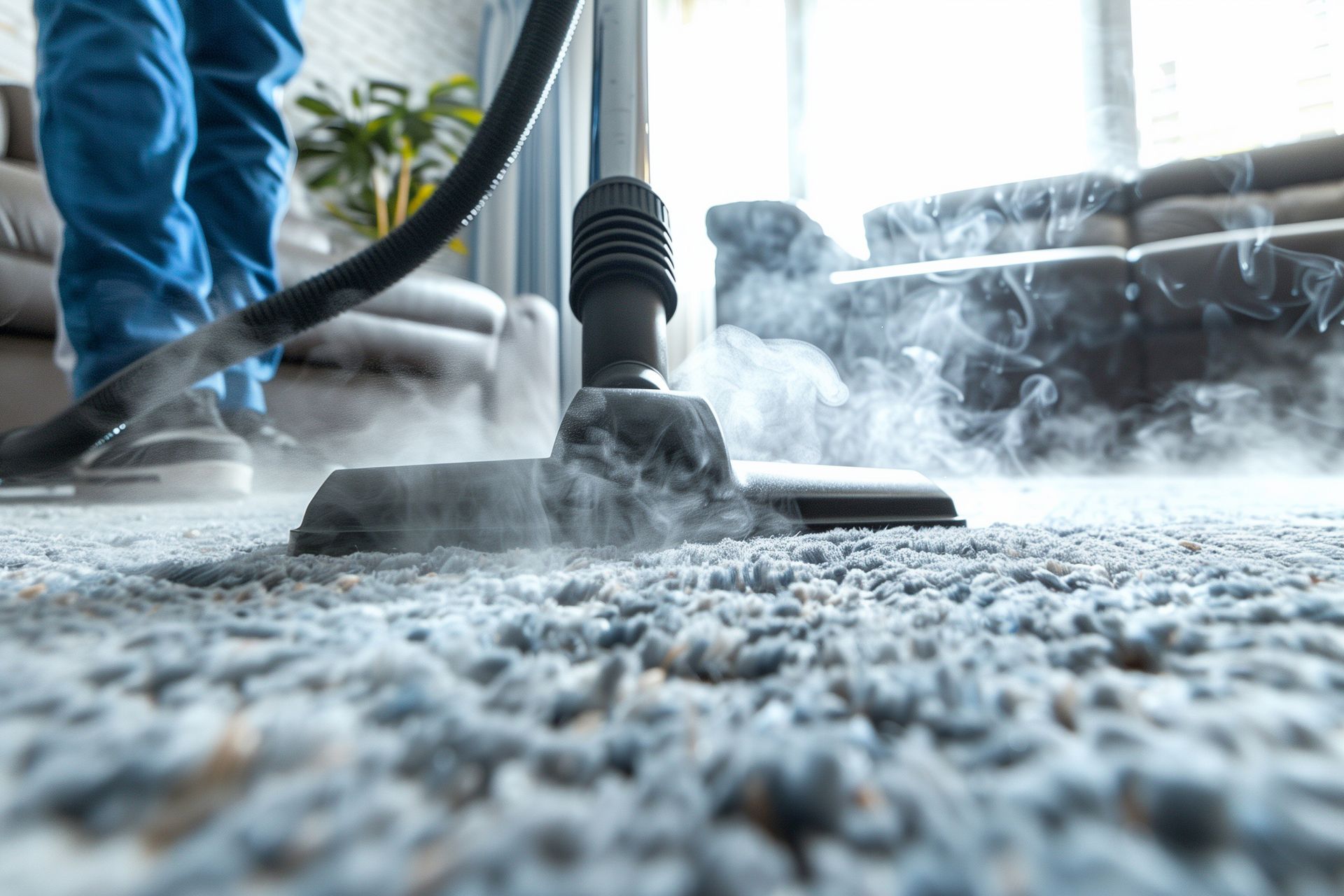 A person is using a vacuum cleaner to clean a carpet in a living room.