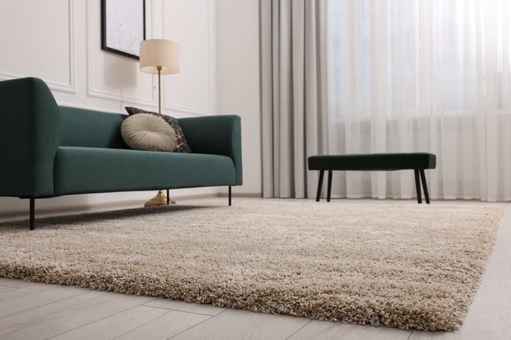 A Living Room With A Green Couch And A Rug — Norm Evans Floors Pty Ltd in Noosa, QLD