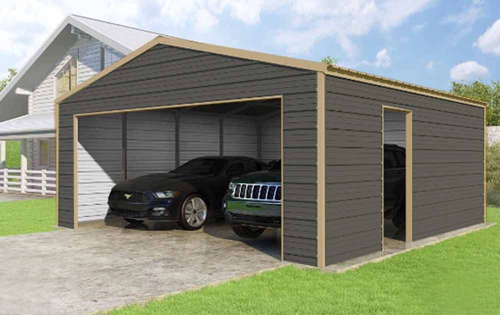 Two-car dark gray steel garage with cars.