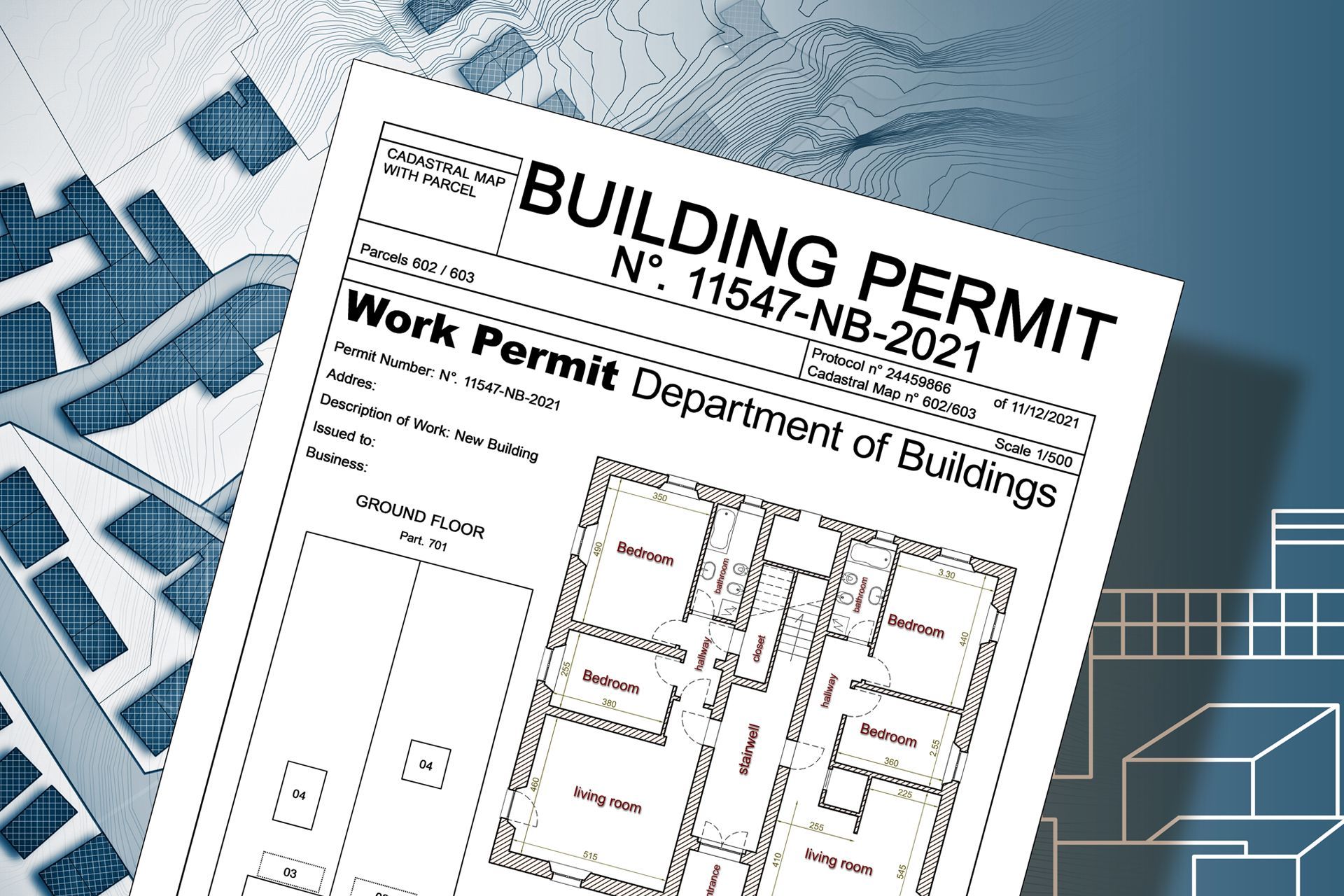 Building permit document with a floor plan and blue architectural background.