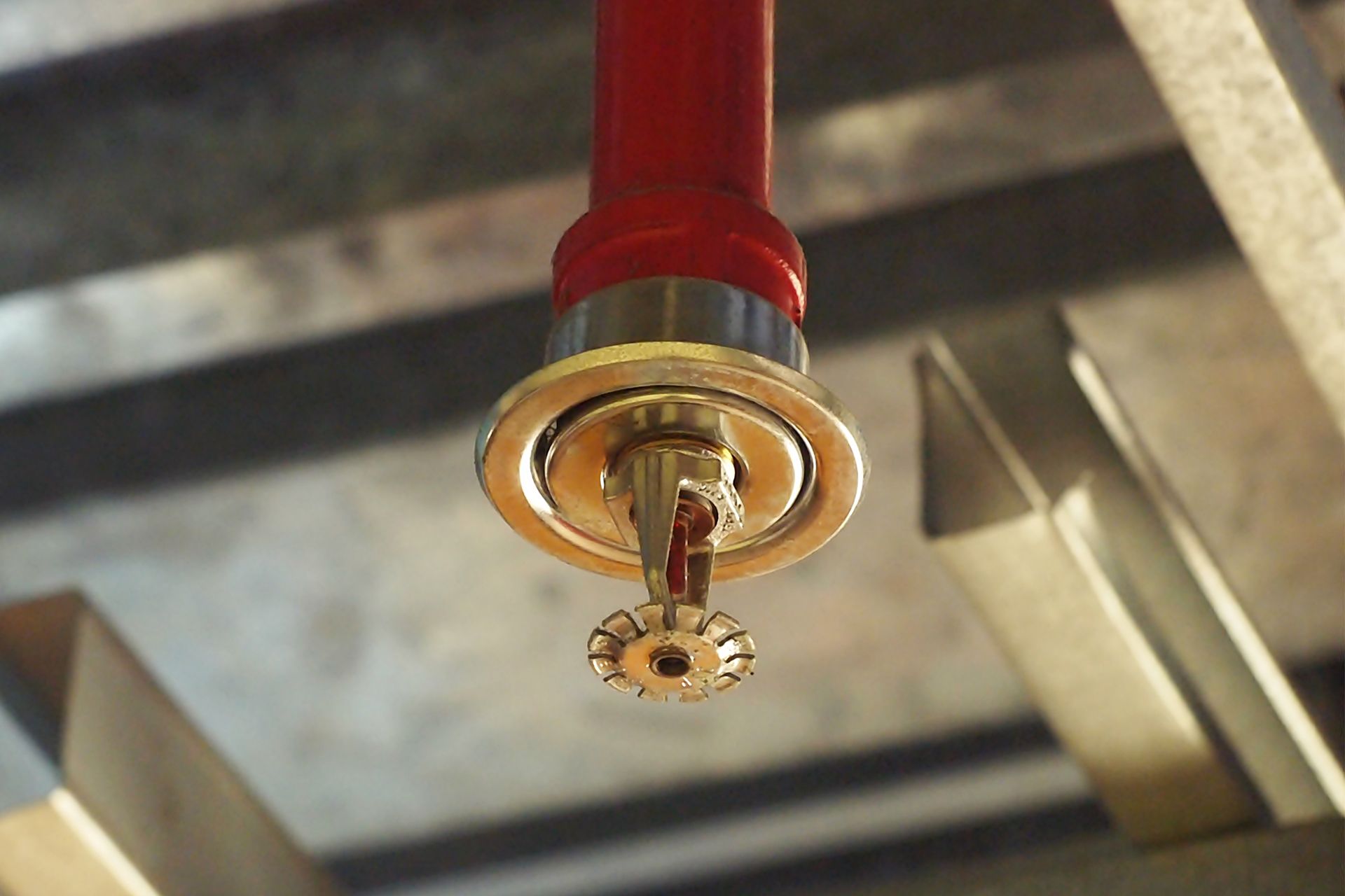 Red and gold fire sprinkler head hanging from a ceiling.