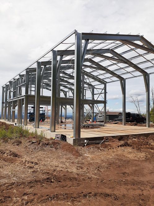 Steel frame of a building under construction on a concrete foundation, set on a hillside.