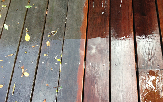 A before and after picture of a wooden deck
