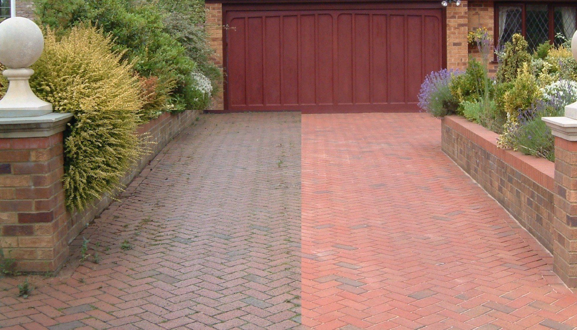 Concrete driveway pressure cleaning removing black algae from exposed aggregate in Warkworth