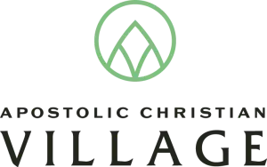 Logo for Apostolic Christian Village, featuring green mountain icon within a circle over black text.