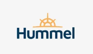 Logo for Hummel, with a blue wordmark and a stylized orange ship's wheel above it.