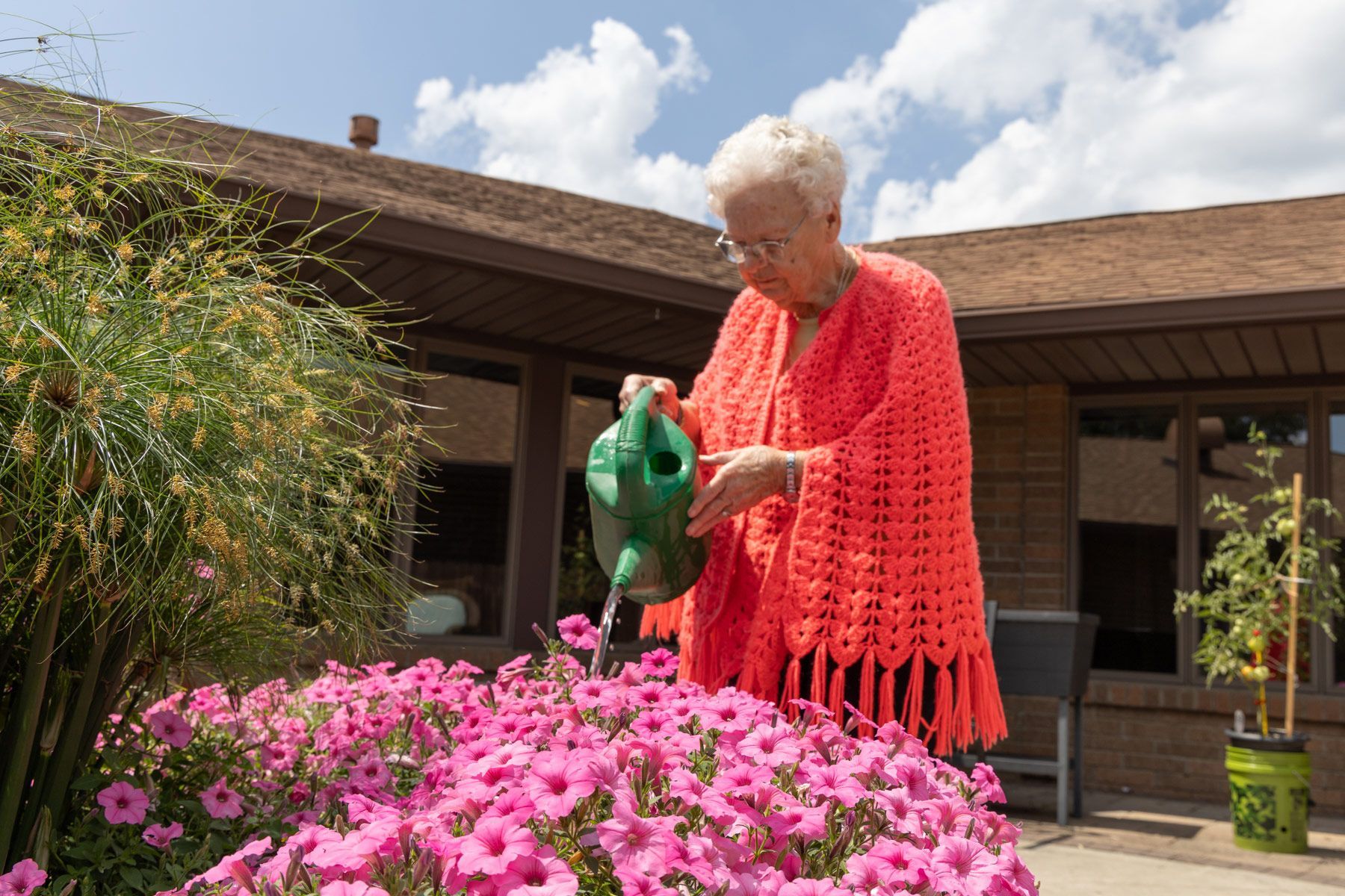 Elderly person watering pink flowers with a green watering can outside a building.