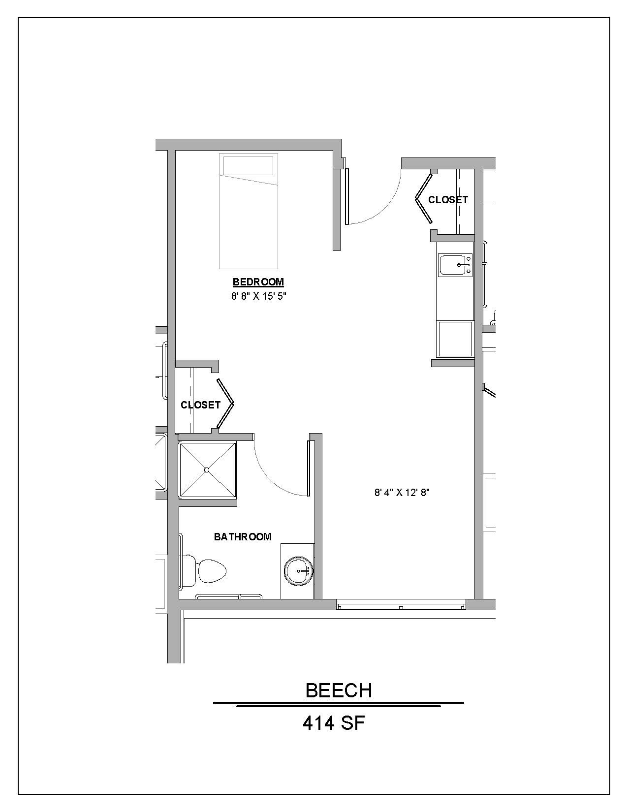 Floor plan of a 414 square foot studio apartment, the 