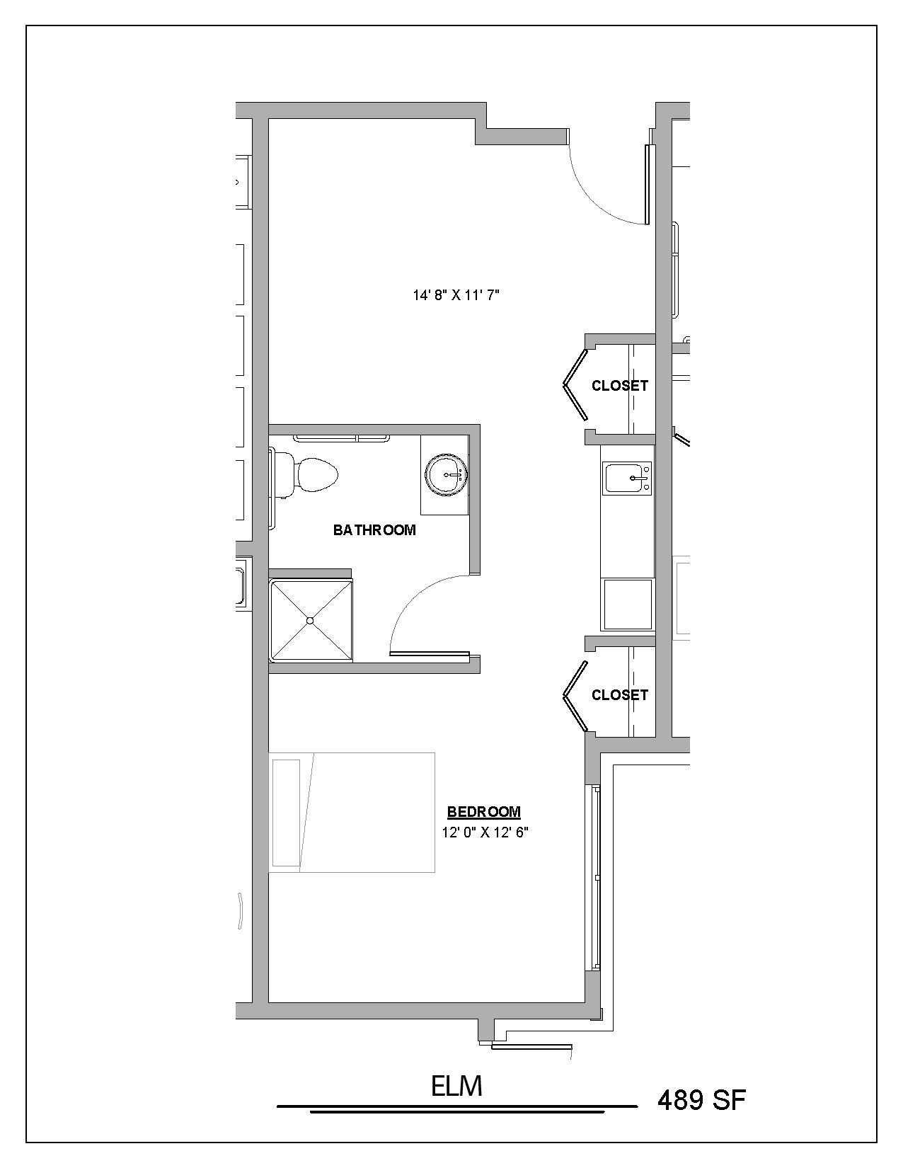 Floor plan of a 489 SF studio apartment with a bathroom, closet, and living area.
