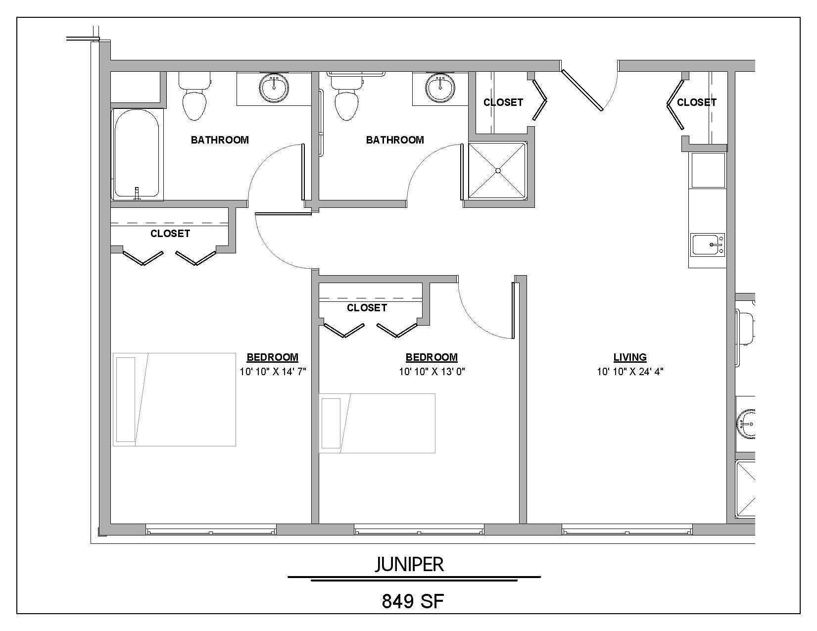 Floor plan of a Juniper apartment, showing the layout of two bedrooms, a bathroom, kitchen, and living area.