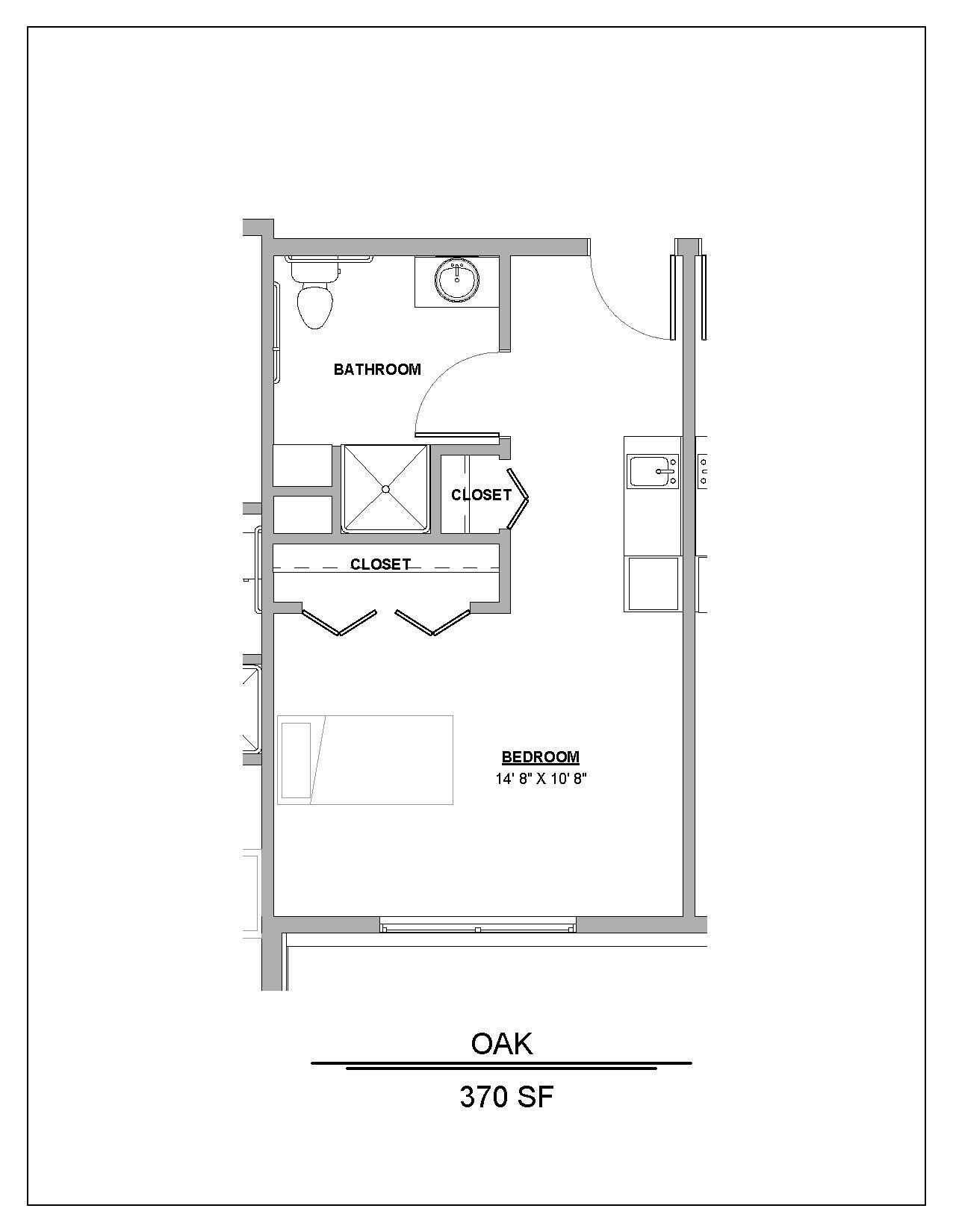 Floor plan of a studio apartment, labeled 