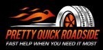 Logo for "Pretty Quick Roadside" with a flaming tire graphic above the text, on a black background.