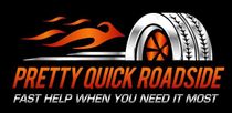 Logo for "Pretty Quick Roadside" with a flaming tire graphic above the text, on a black background.