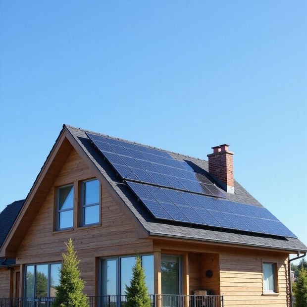 House with solar panels on the roof under a clear blue sky.