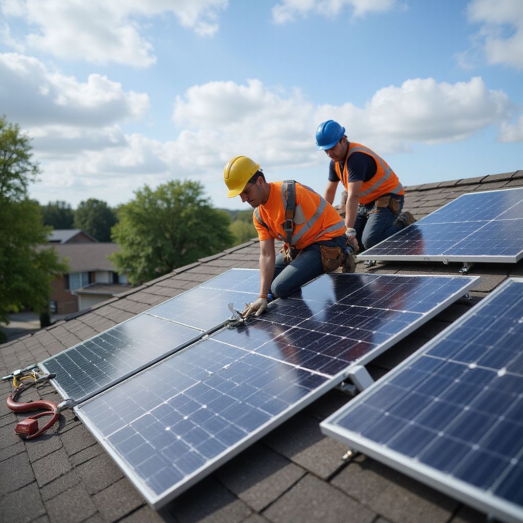 Two workers installing solar panels on a residential rooftop on a sunny day.