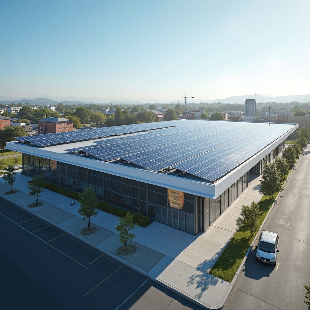 Building with solar panels on its roof, trees, and a street, likely downtown.