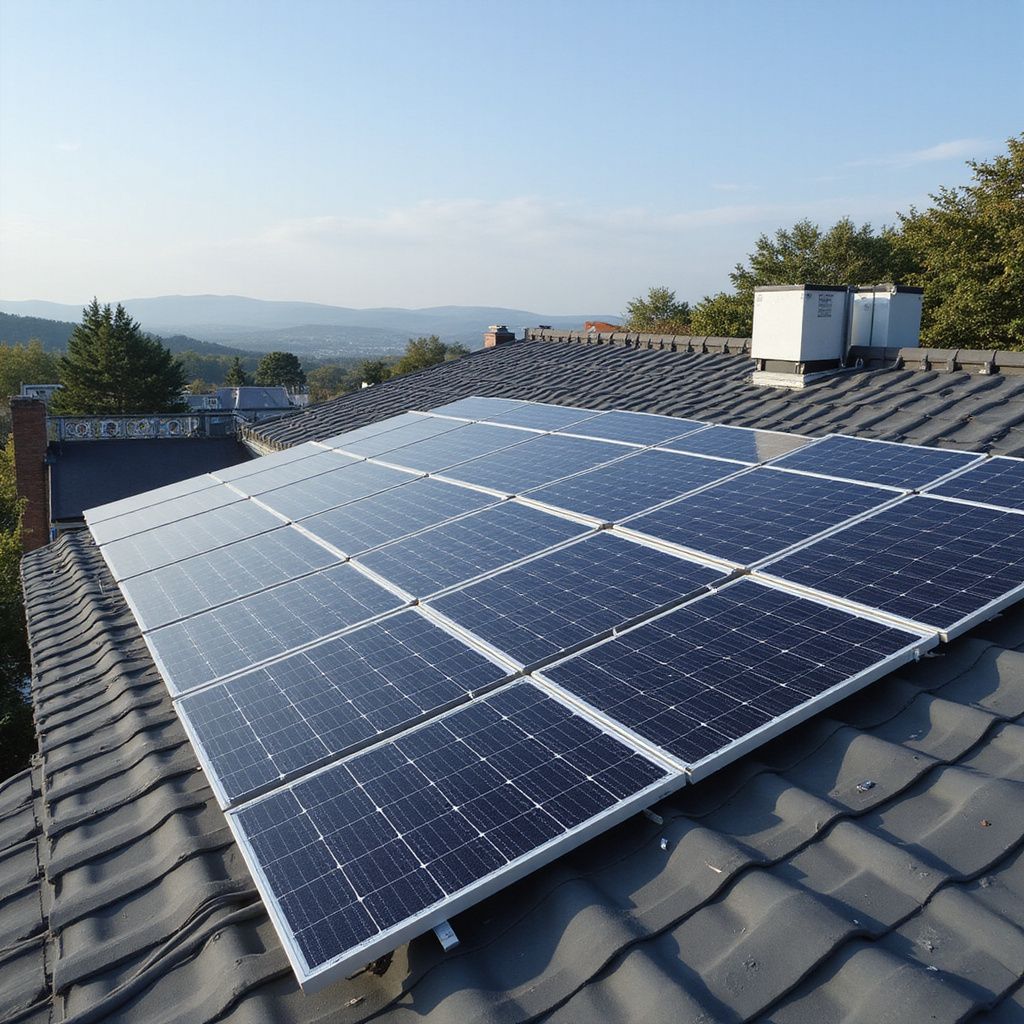 Solar panels installed on a residential rooftop with a scenic view of mountains and trees.