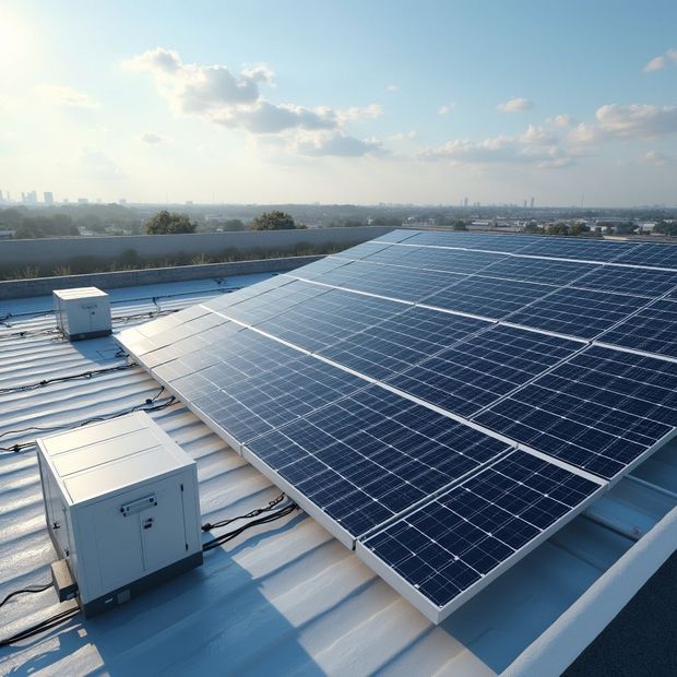 Solar panels on a rooftop, absorbing sunlight. Blue panels, bright sky, city in background.