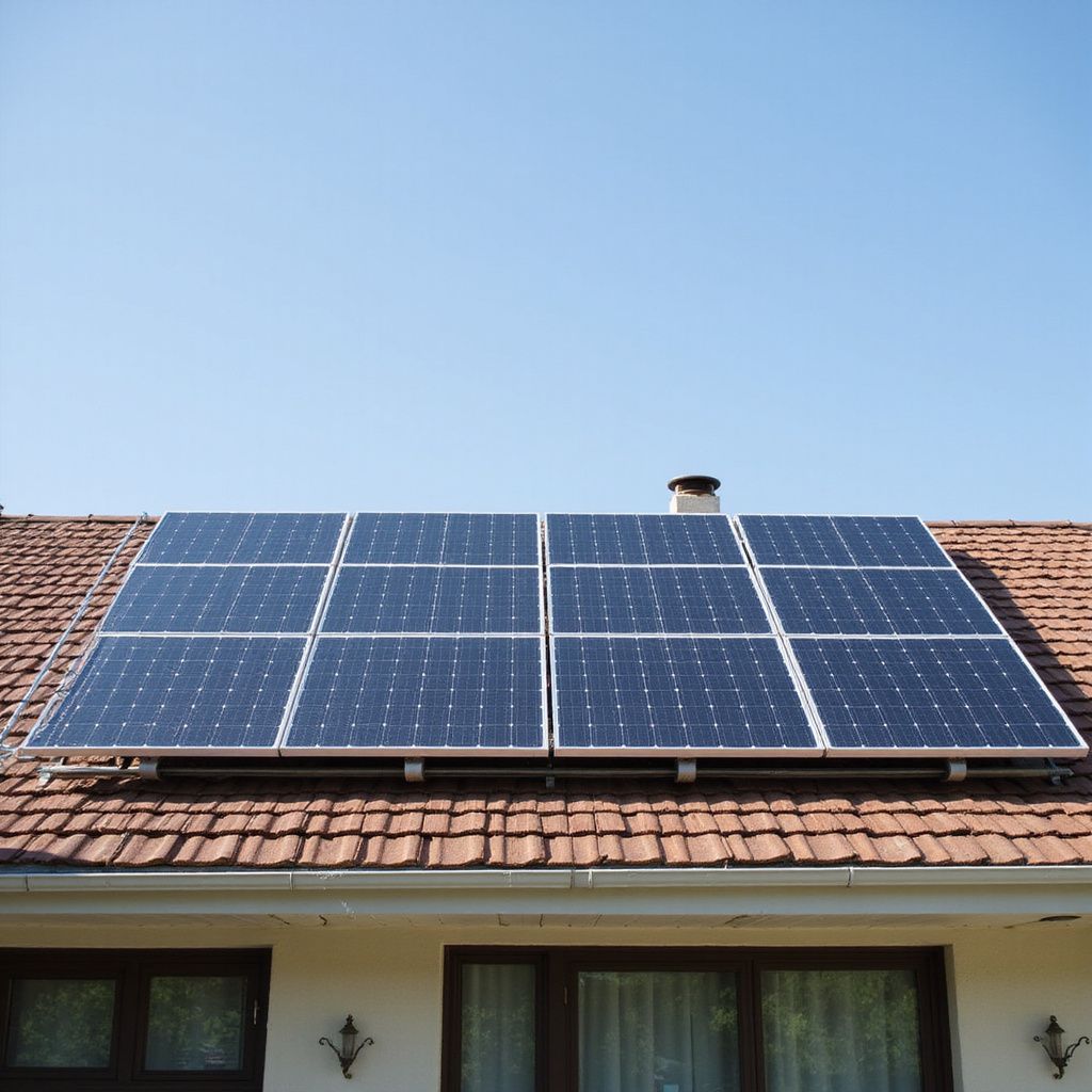 Solar panels on a residential rooftop against a clear blue sky.