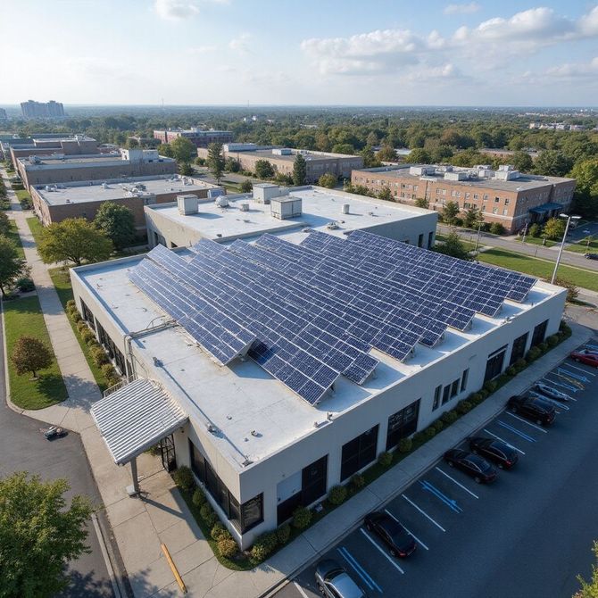 Aerial view of a building with solar panels on the roof. Cars parked in front, with other buildings and trees in background.