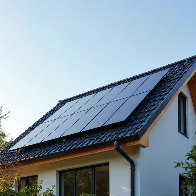 Solar panels on a house roof, with white walls, black roof tiles, and clear sky.