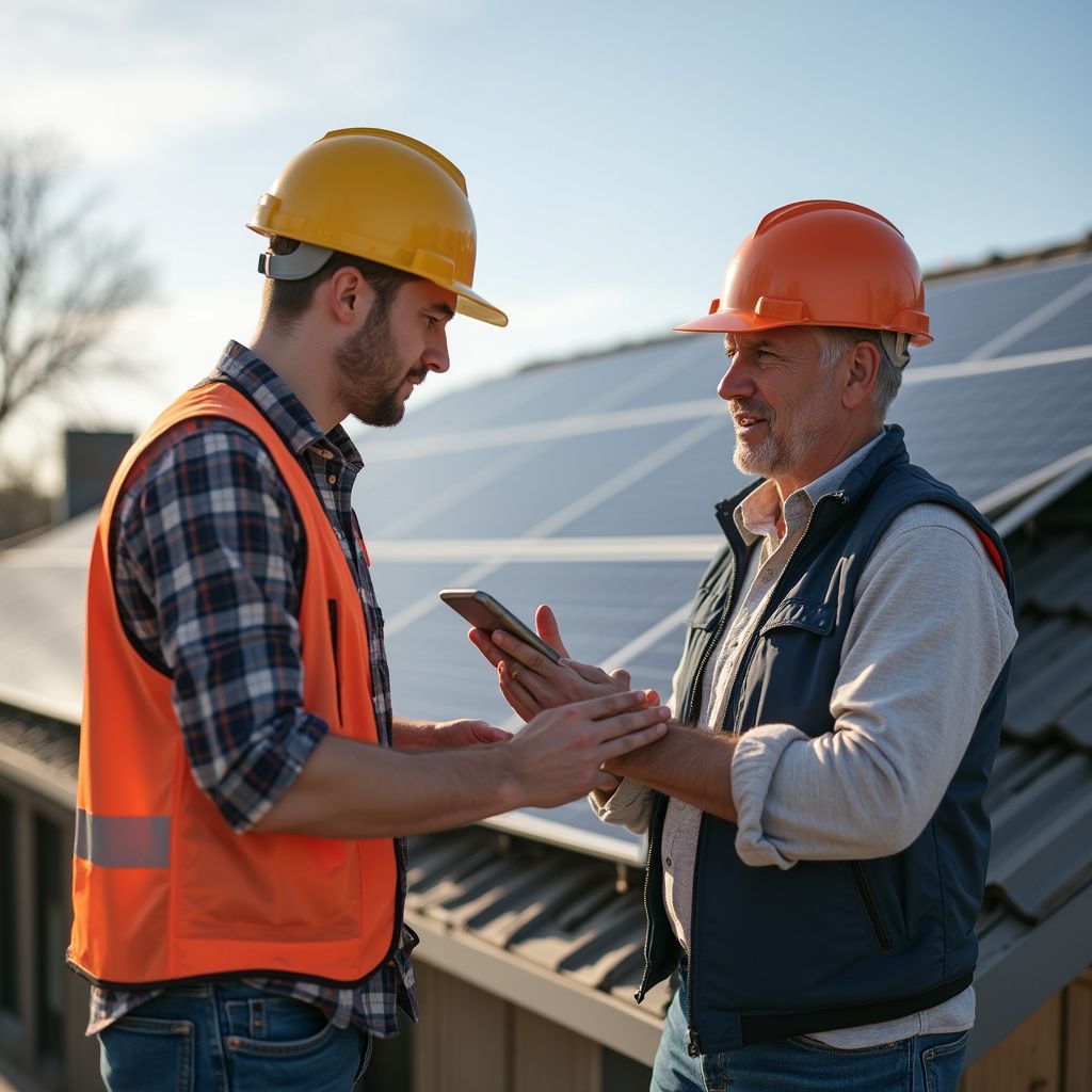Two construction workers, one young, one older, review a tablet next to solar panels.