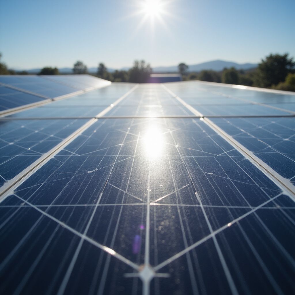 Solar panels on a rooftop reflecting the bright sun in a clear, blue sky.