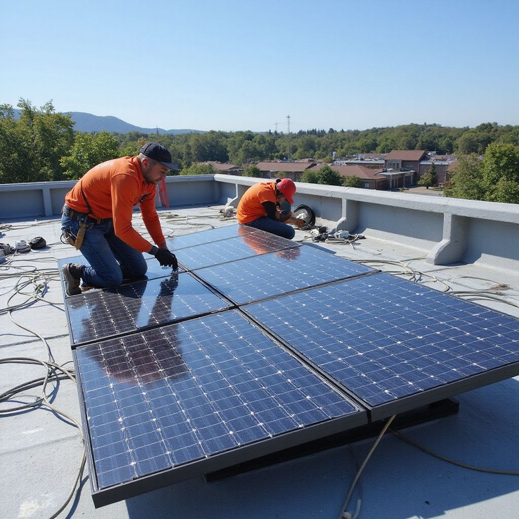 Two workers installing solar panels on a rooftop on a sunny day.