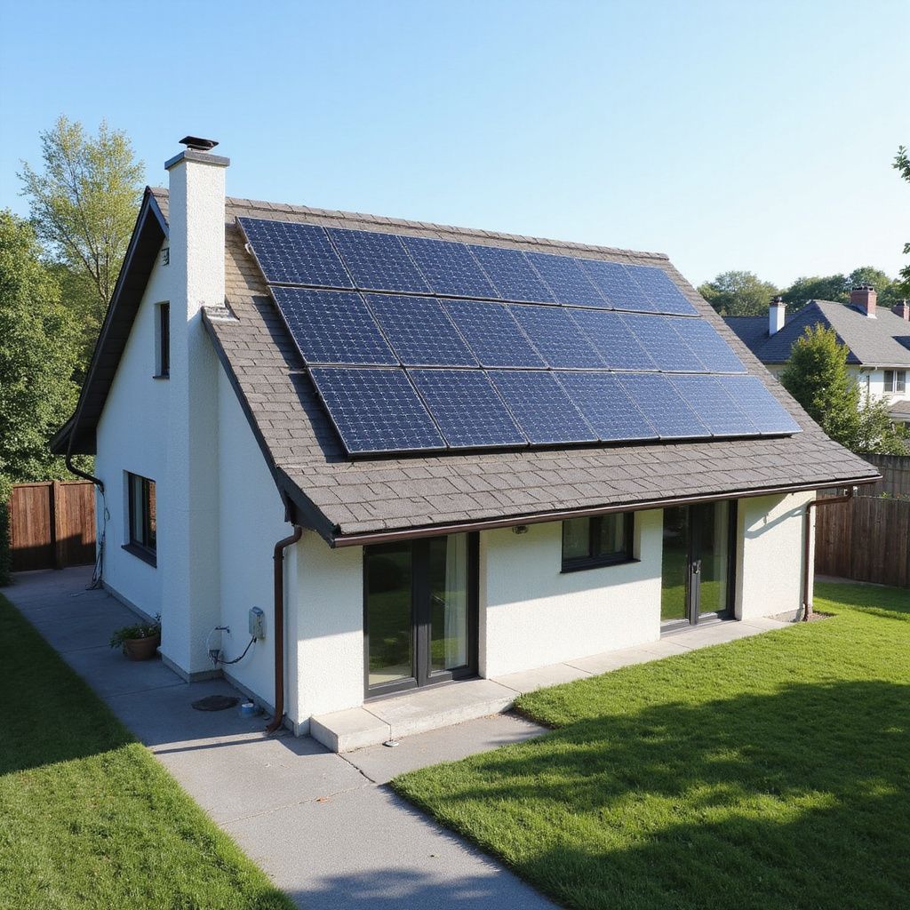 House with solar panels on roof, green lawn, sunny day.