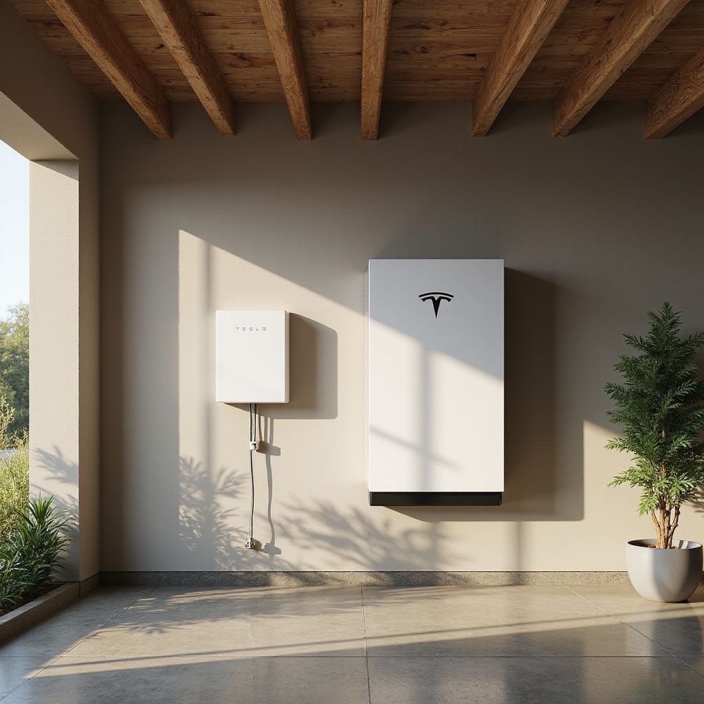 Solar panel and Tesla Powerwall mounted on an outdoor wall, with greenery and a wooden ceiling.