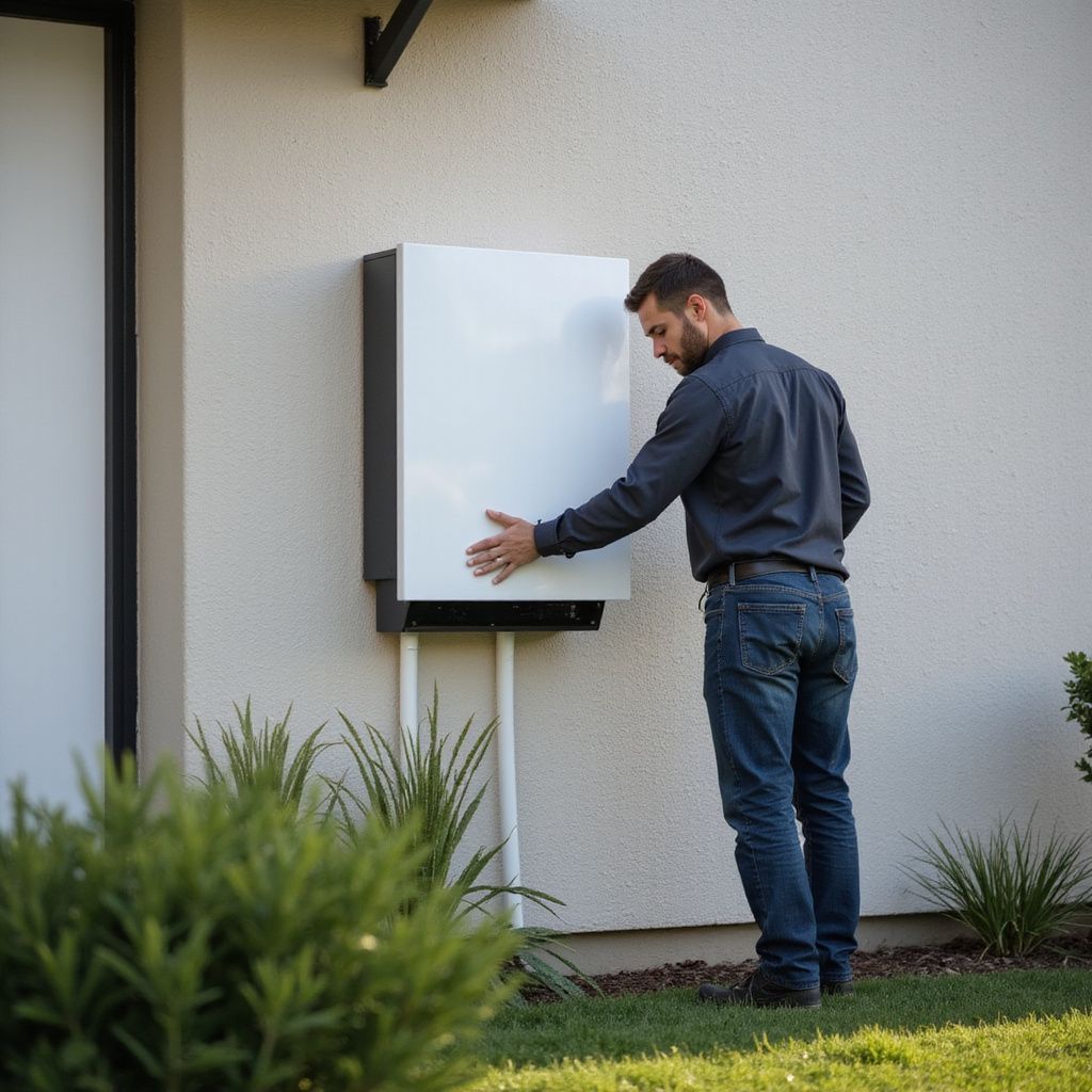 Man in jeans and a blue shirt touching a white box on a building's exterior wall; sunny outdoor setting.