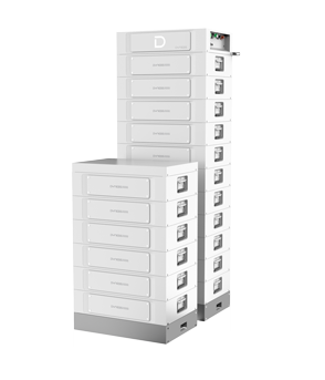 Two stacks of white battery modules, possibly for solar energy storage.