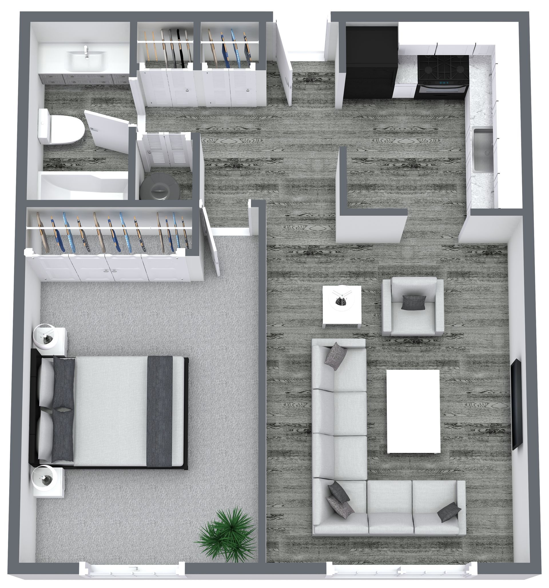 Floor plan of a small apartment with bedroom, bathroom, kitchen, and living area furnished.