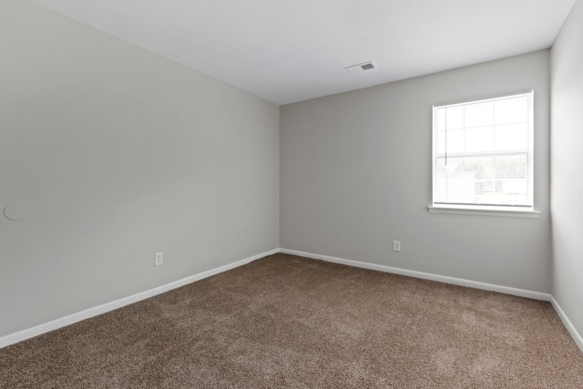 Empty bedroom with beige carpet, light gray walls, and a window with blinds.