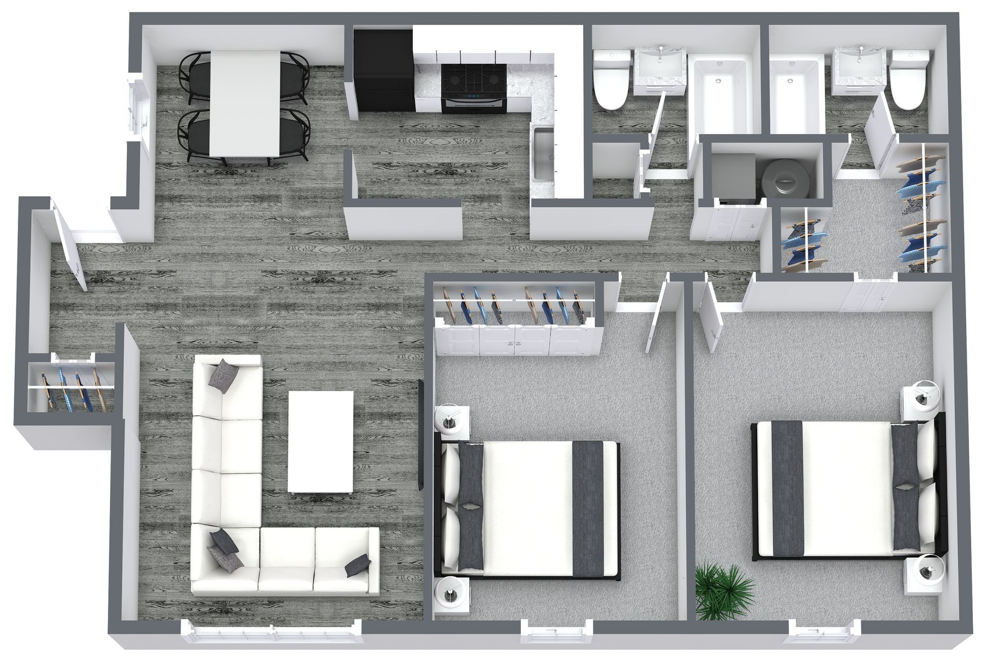 Floor plan of a two-bedroom apartment with kitchen, dining, and living areas.